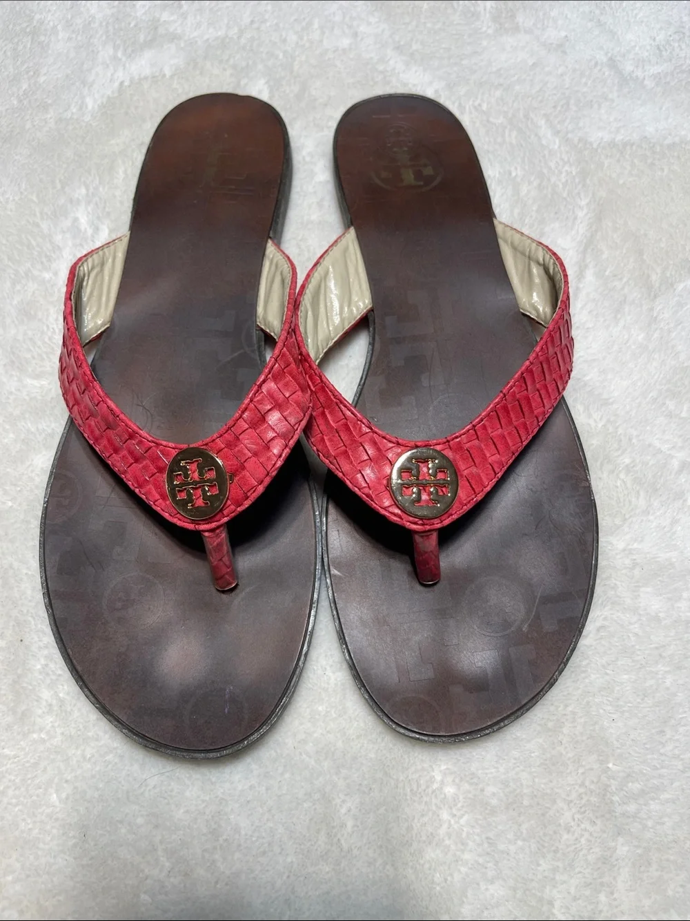 Tory Burch Red Woven Logo Toe-Post Sandals Size 40
